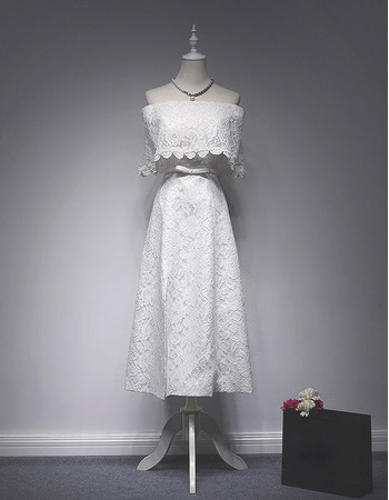 Off-the-shoulder Tea Length Lace Wedding Dresses
