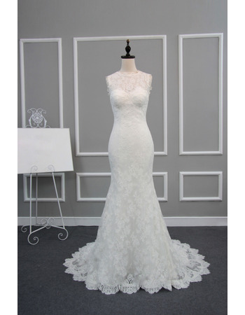 Sheath Sweep Train Lace Backless Wedding Dresses