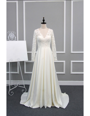 Custom V-Neck Sweep Train Wedding Dresses with Long Lace Sleeves