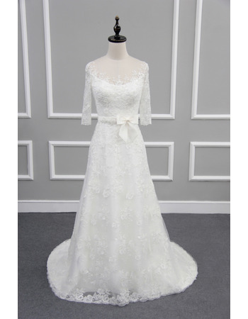 New Round/ Scoop Neck Lace Wedding Dresses with 3/4 Long Sleeves