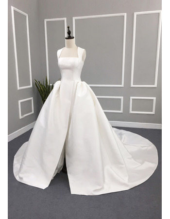 Custom Ball Gown Square Cathedral Train Satin Split Wedding Dresses