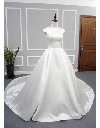 Inexpensive Ball Gown Cap Sleeves Cathedral Train Satin Wedding Dresses