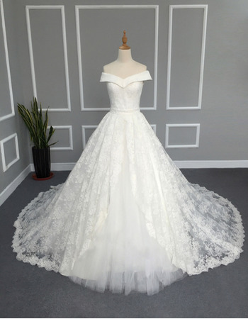 Elegant A-Line Off-the-shoulder Cathedral Lace Wedding Dresses