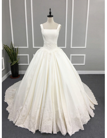 Ball Gown Square Neck Chapel Train Satin Wedding Dresses