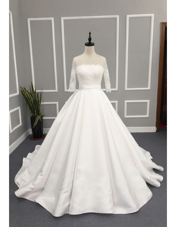 Custom A-Line Chapel Train Wedding Dresses with 3/4 Long Sleeves