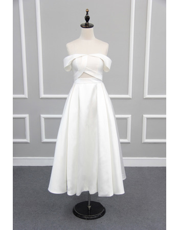 Affordable Off-the-shoulder Tea Length Satin Reception Wedding Dresses