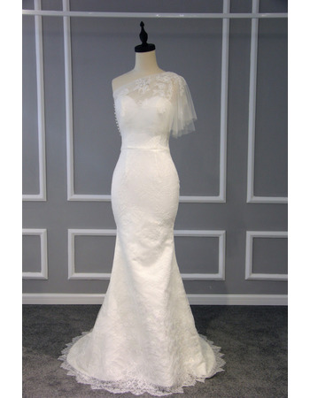 Sheath One Shoulder Sweep Train Lace Wedding Dresses