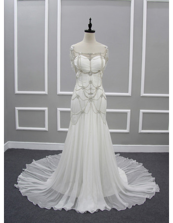 Custom Sweetheart Chapel Train Chiffon Wedding Dresses with Beads