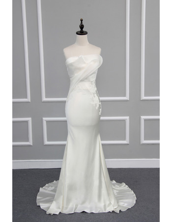 Sexy Sheath Strapless Sleeveless Sweep Train Satin Wedding Dresses