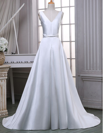 Custom A-Line V-Neck Sleeveless Court Train Satin Wedding Dresses