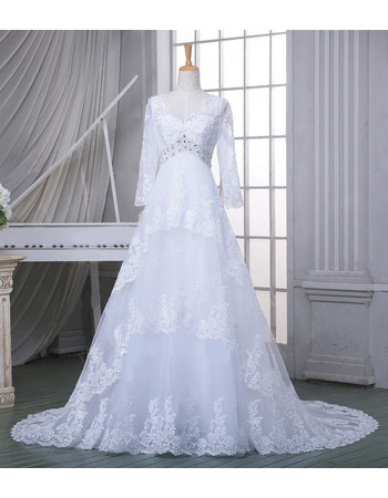 Affordable V-Neck Court Train Tulle Wedding Dresses with Long Sleeves