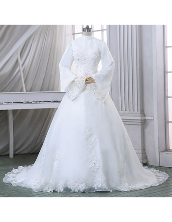 Custom High-Neck Satin Winter Wedding Dresses with Long Sleeves