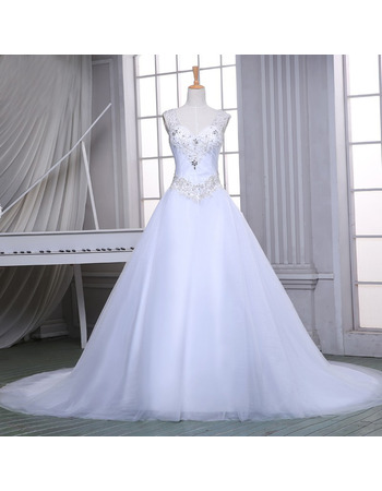 Elegant A-Line V-Neck Sleeveless Chapel Train Satin Wedding Dresses