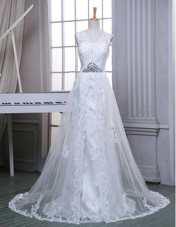 Custom Sheath V-Neck Sleeveless Sweep Train Tulle Wedding Dresses