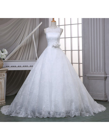 Inexpensive Ball Gown Sleeveless Court Train Lace Wedding Dresses