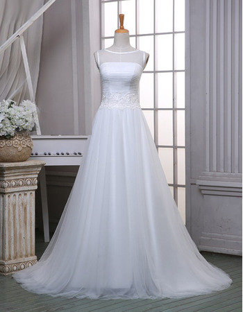 Elegant A-Line Bateau Sleeveless Sweep Train Organza Wedding Dresses