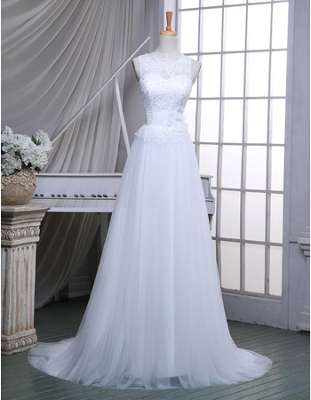 New A-Line Sleeveless Sweep Train Wedding Dresses with Belts