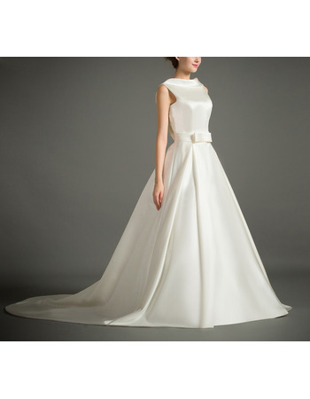 Affordable Lapel Sleeveless Court Train Satin V-Back Wedding Dresses