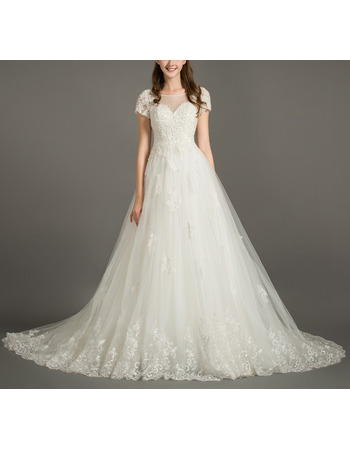 Court Train Tulle Embroidery Wedding Dresses with Short Sleeves