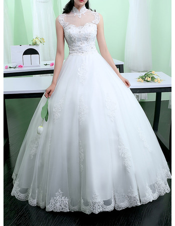 Custom Ball Gown Mandarin Collar Floor Length Organza Wedding Dresses