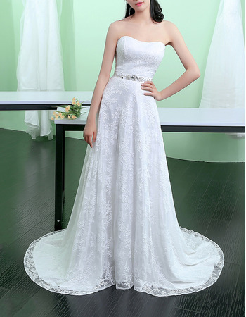 Discount Strapless Sleeveless Sweep Train Lace Wedding Dresses