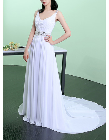 Vintage V-Neck Sleeveless Sweep Train Chiffon Pleated Wedding Dresses