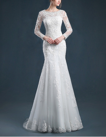 Custom Mermaid Sweep Train Organza Wedding Dresses with Long Sleeves