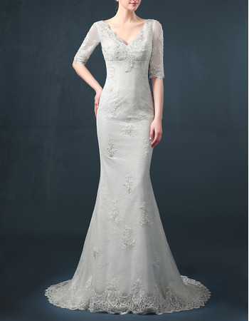 Affordable Sheath V-Neck Organza Wedding Dresses with Half Sleeves