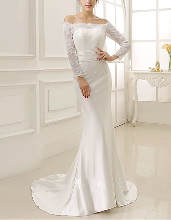 Sexy Sheath Off-the-shoulder Satin Wedding Dresses with Long Sleeves