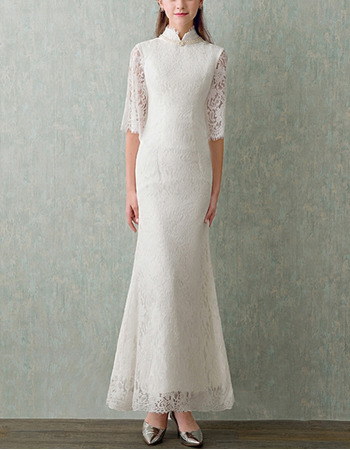 Custom Mandarin Collar Lace Wedding Dresses with Half Lace Sleeves