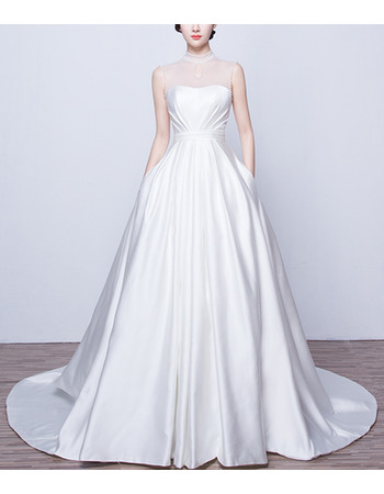 Elegant High-Neck Sleeveless Satin Wedding Dresses with Pockets