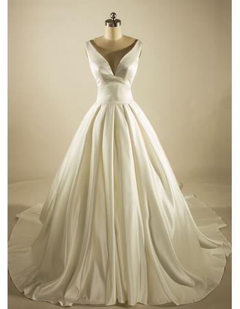 Ball Gown V-Neck Chapel Train Satin Wedding Dresses