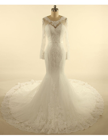 Custom Trumpet Court Train Tulle Wedding Dresses with Long Sleeves