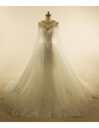 Discount Ball Gown Chapel Train Tulle Wedding Dresses with Long Sleeves