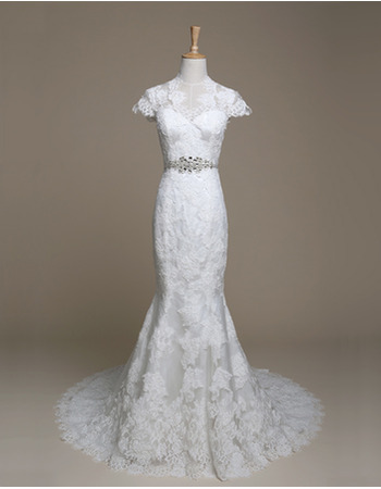 Elegant Sheath Sweep Train Lace Wedding Dresses with Cap Sleeves