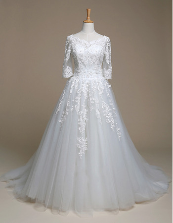 Inexpensive A-Line Court Train Wedding Dresses with 3/4 Long Sleeves