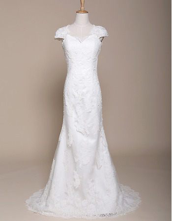 Elegant Sheath Sweep Train Satin Wedding Dresses with Cap Sleeves