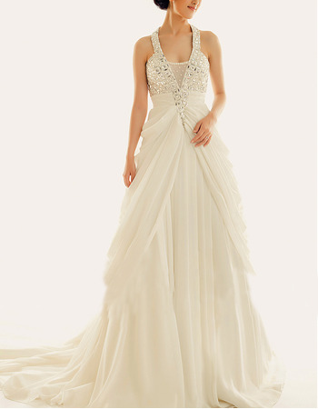 Sexy Halter V-Neck Sleeveless Chapel Train Chiffon Wedding Dresses