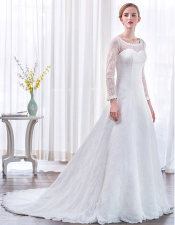 Court Train Lace Wedding Dresses with Long Lace Sleeves