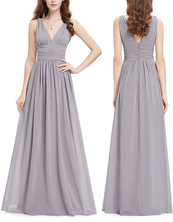 Affordable V-Neck Floor Length Chiffon Bridesmaid/ Wedding Party Dress