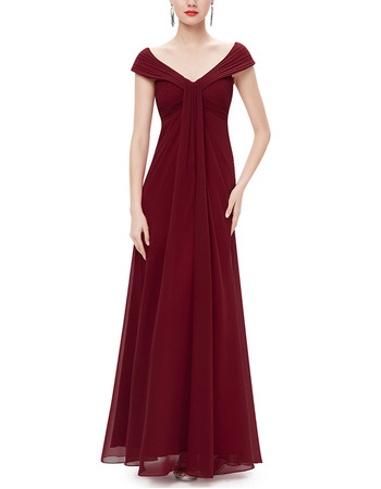 V-Neck Floor Length Chiffon Bridesmaid Dresses with Cap Sleeves