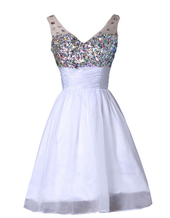 New V-Neck Short Organza Satin Rhinestone Cocktail Party Dresses