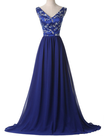 Custom V-Neck Sleeveless Satin Chiffon Rhinestone Evening/ Prom Dress