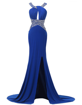 Custom Sheath Sweep Train Chiffon Split Evening/ Prom Dresses