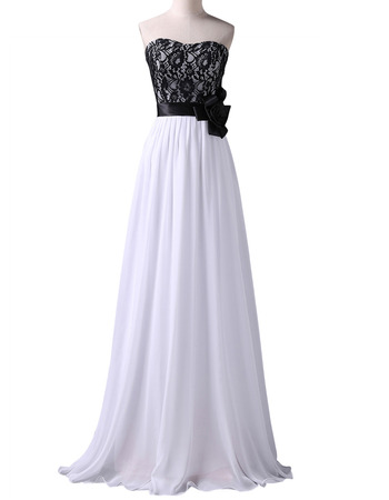 Elegant Floor Length Chiffon Lace Bodice Evening Dresses with Belts