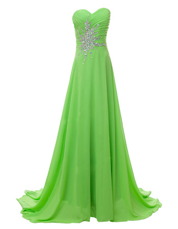 Custom A-Line Sweetheart Sweep Train Chiffon Rhinestone Evening Dress