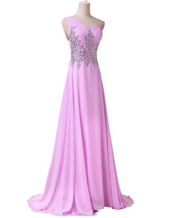 Affordable One Shoulder Floor Length Chiffon Rhinestone Evening Dress