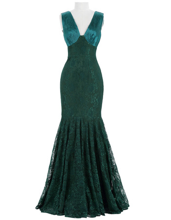 Custom Mermaid V-Neck Sleeveless Floor Length Lace Evening Dresses