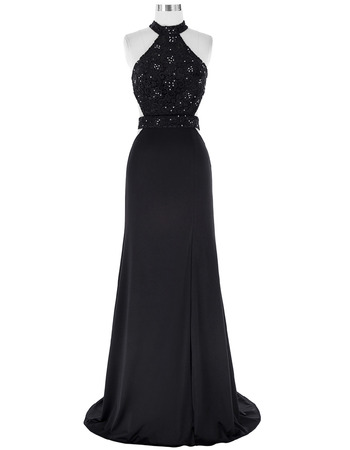 Sexy Halter Sleeveless Chiffon Black Embroidery Evening Dresses