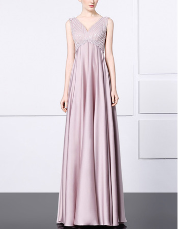 Inexpensive Empire V-Neck Floor Length Satin Evening/ Prom Dresses